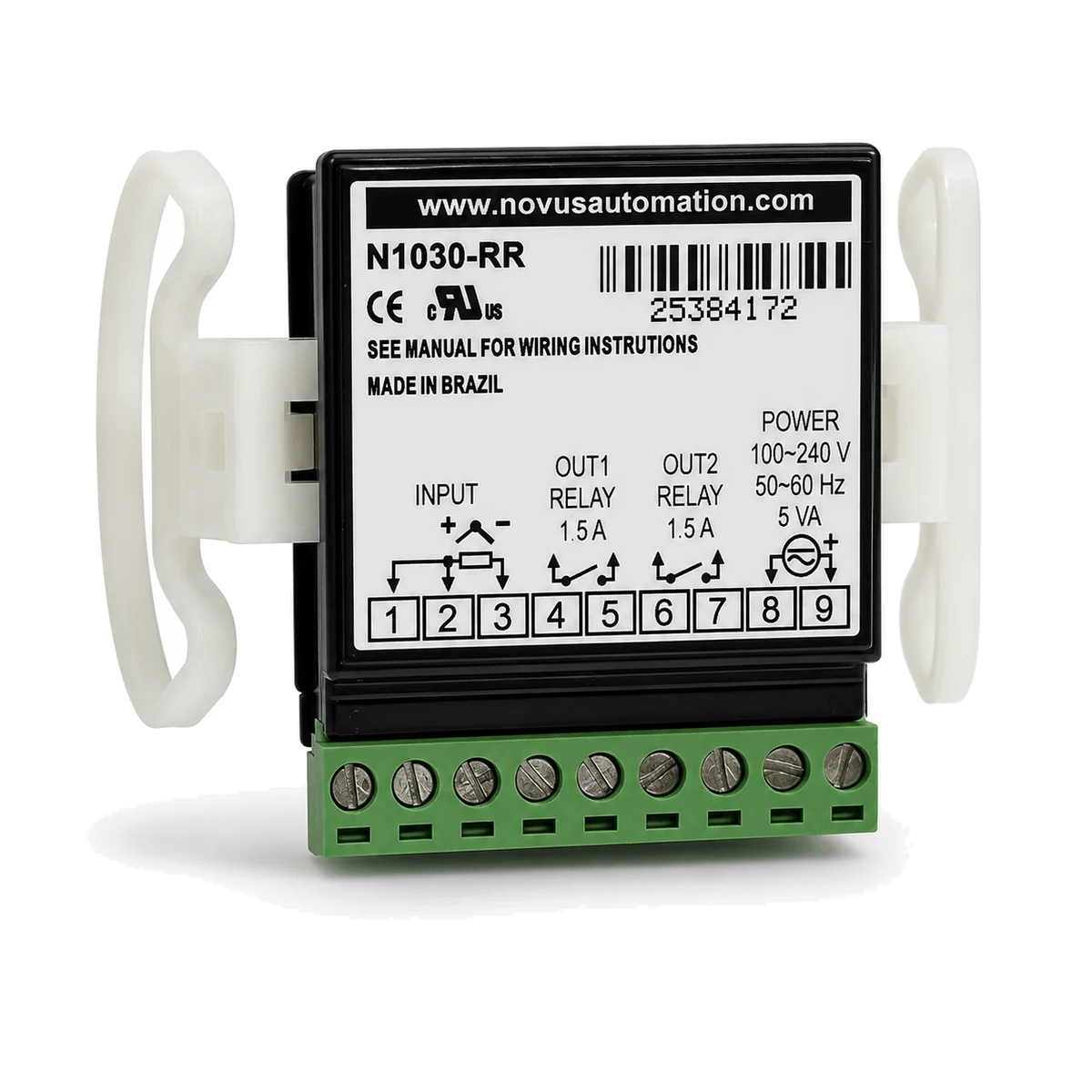 Controlador N1030 NOVUS, versão RR, vista traseira com etiqueta (SKU 8103010000)