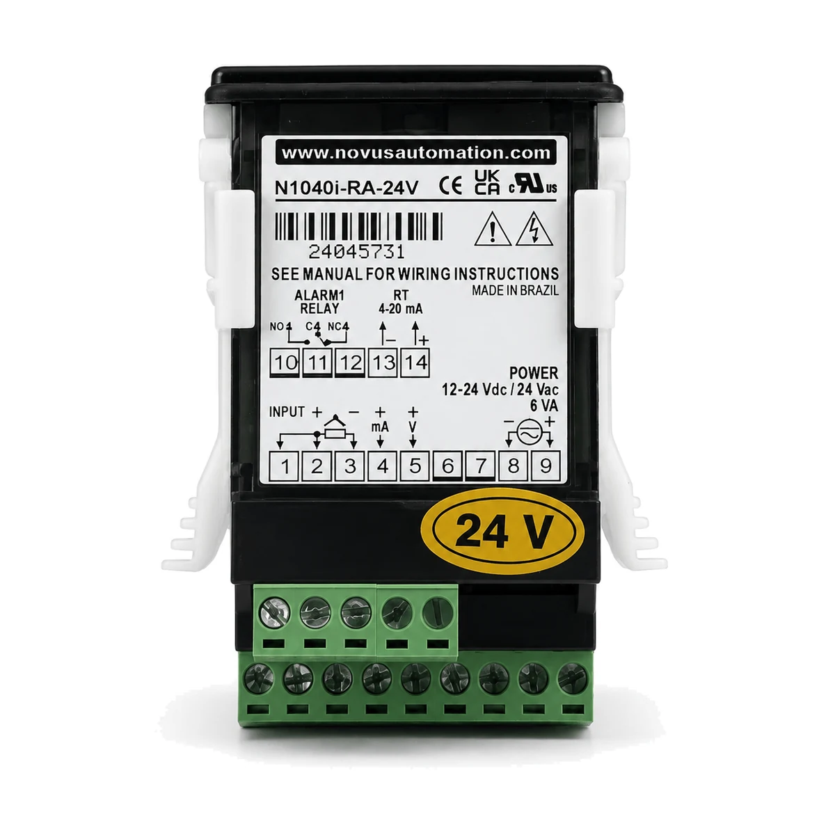Indicador N1040i NOVUS, versão USB, RA, 24 V, vista traseira com etiqueta (SKU 8104220310)