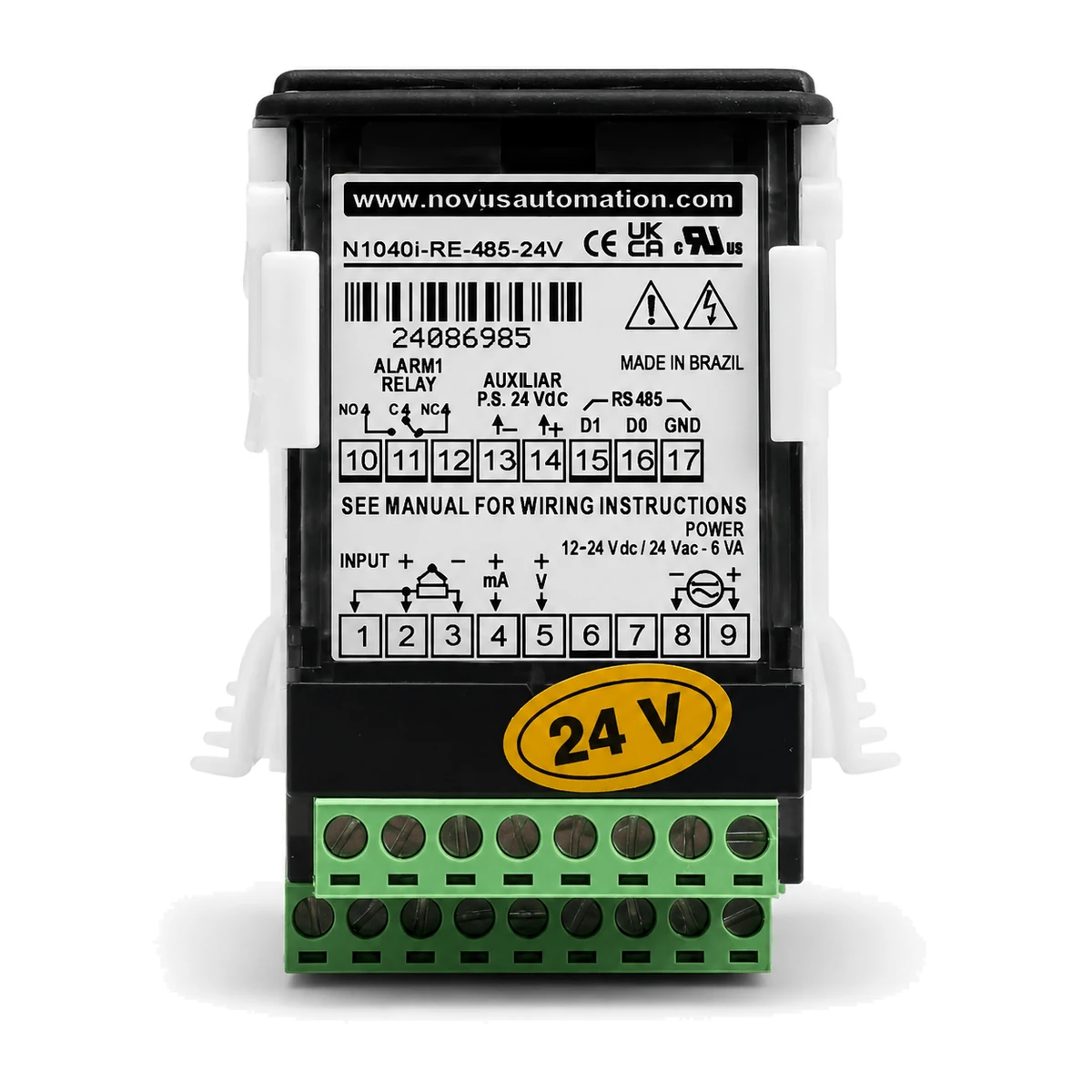 Indicador N1040i NOVUS, versão USB + RS485, RE, 24 V, vista traseira com etiqueta (SKU 8104221210)