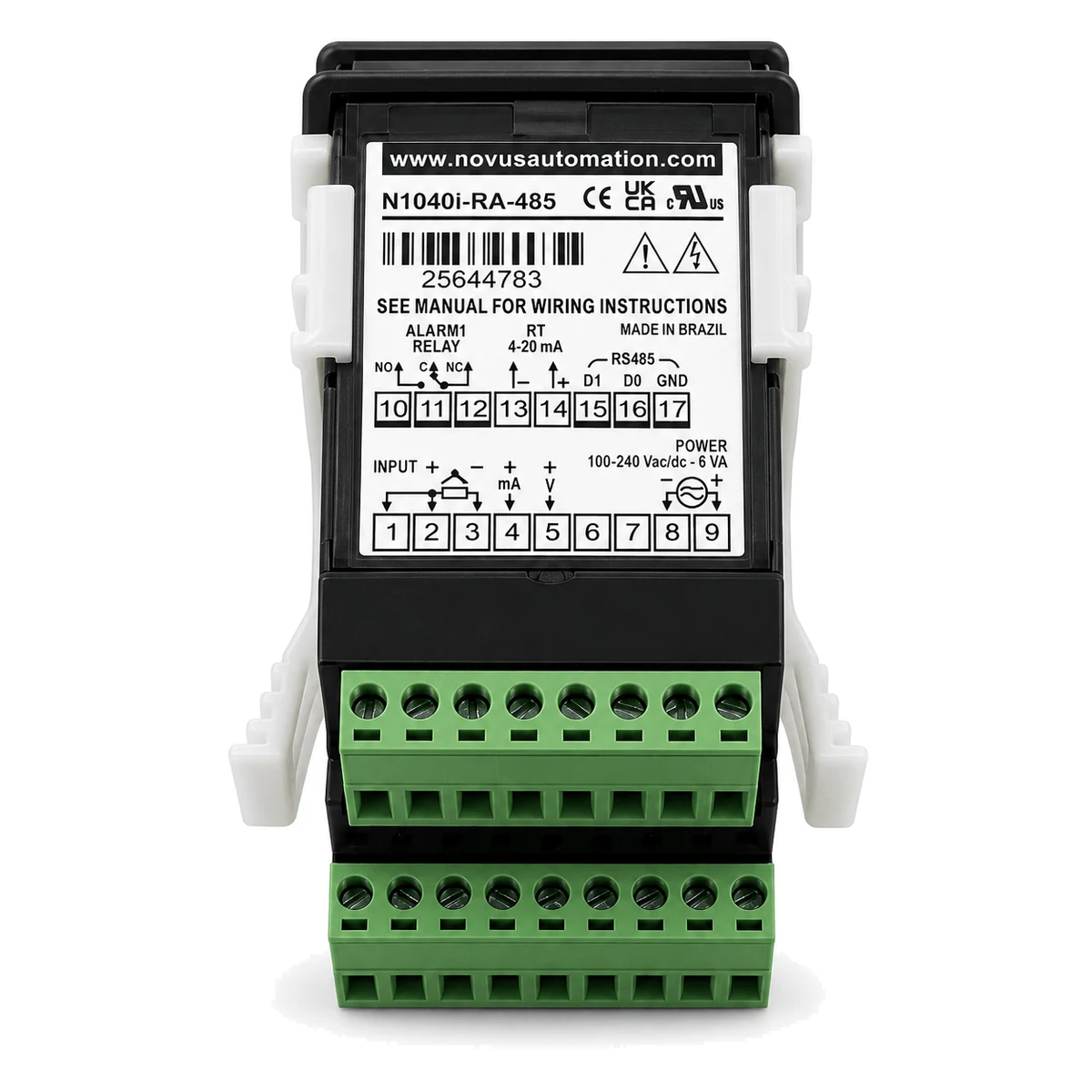 Indicador N1040i NOVUS, versão USB + RS485, RA, vista traseira com etiqueta (SKU 8104221300)