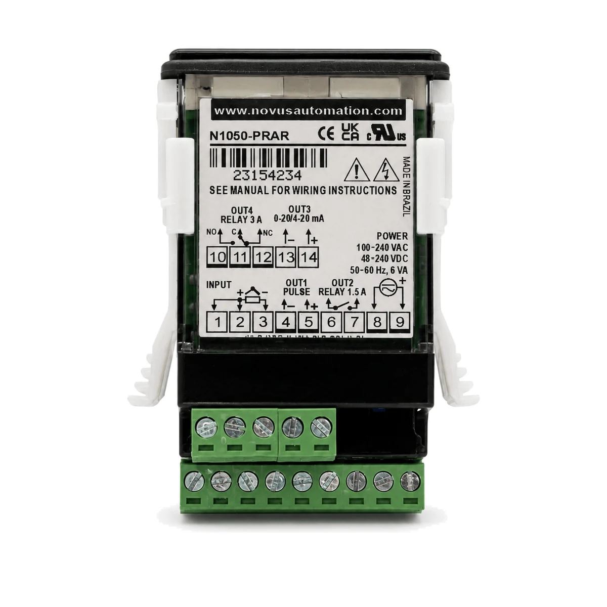 Controlador N1050 NOVUS, versão PRAR, vista traseira com etiqueta (SKU 8105000200)