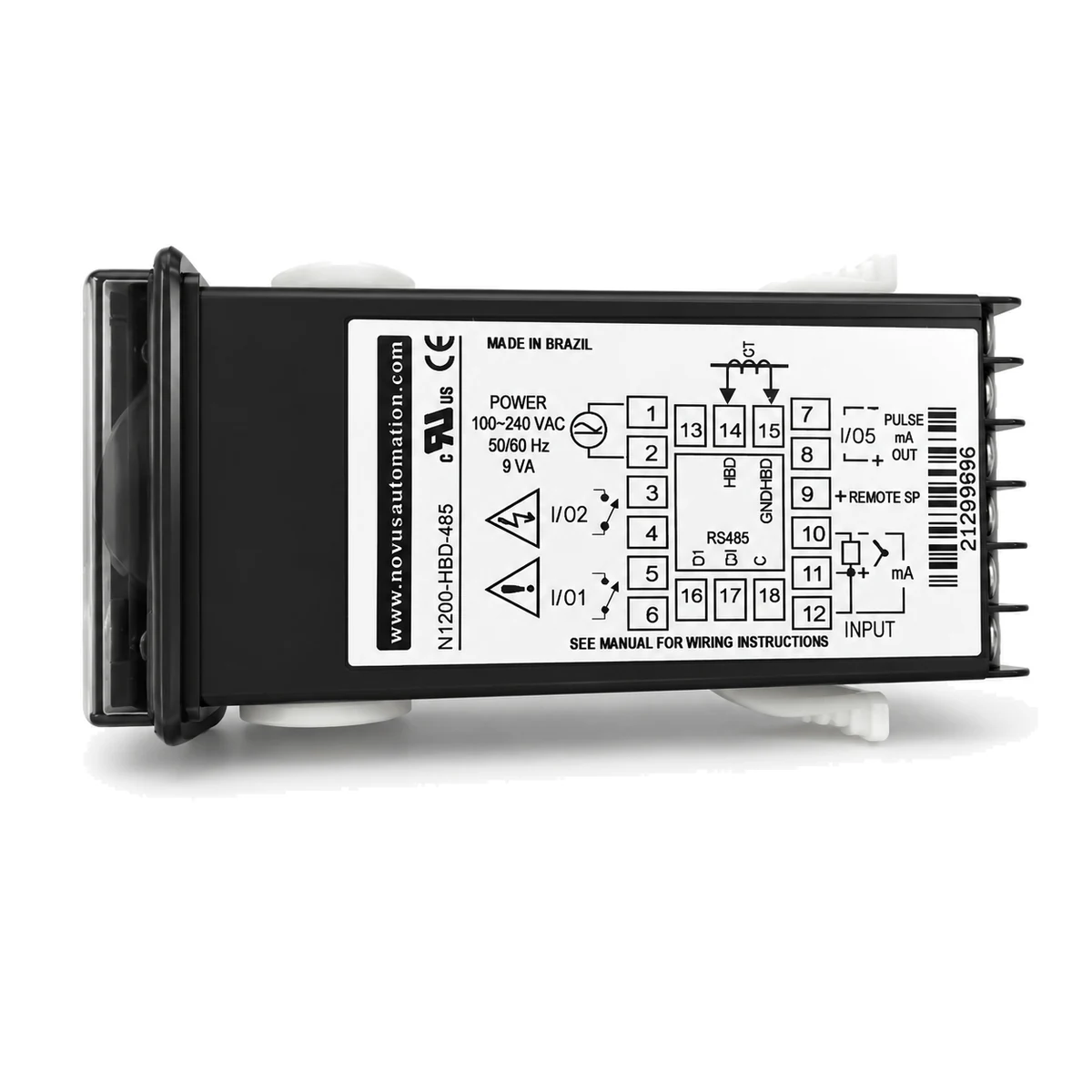 Controlador PID N1200 NOVUS, versão USB + RS485, HBD, vista traseira com etiqueta (SKU 8120200520)