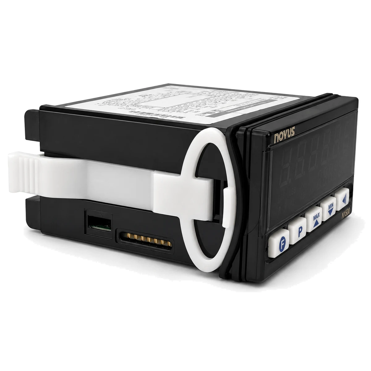 Indicador N1500 NOVUS, versão RS485, 4 relés + retransmissão 4–20 mA, vista lateral (SKU 8150000230)