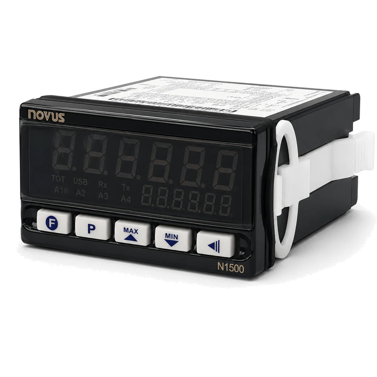 Indicador N1500 NOVUS, versão RS485, 4 relés + retransmissão 4–20 mA, vista perspectiva (SKU 8150000230)