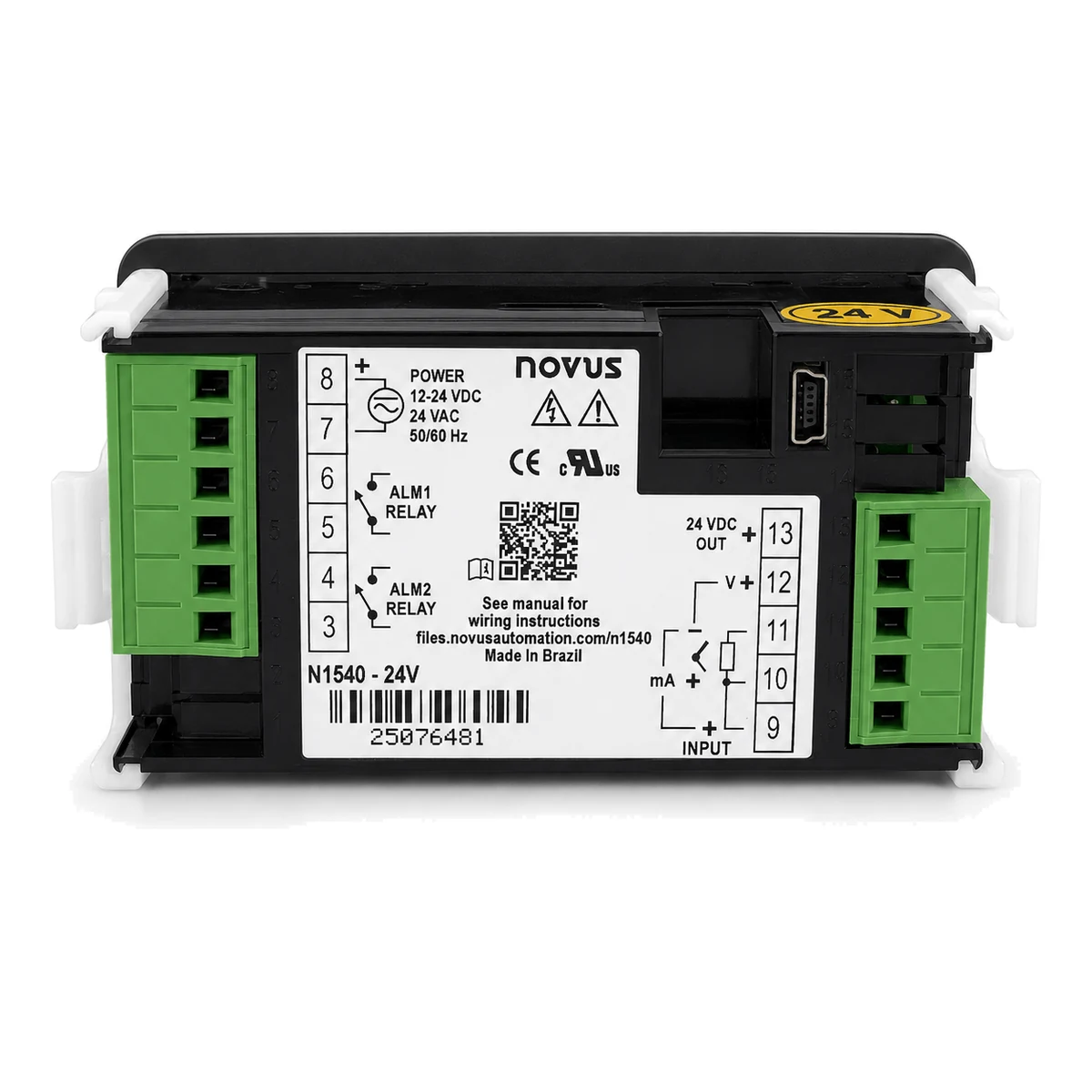 Indicador N1540 NOVUS, versão USB, 24 V, vista traseira com etiqueta (SKU 8154000030)