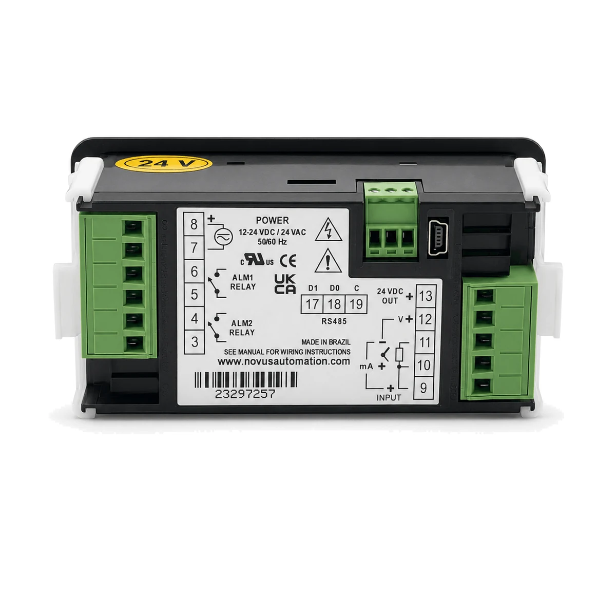 Indicador N1540 NOVUS, versão USB + RS485, 24 V, vista traseira com etiqueta (SKU 8154000330)