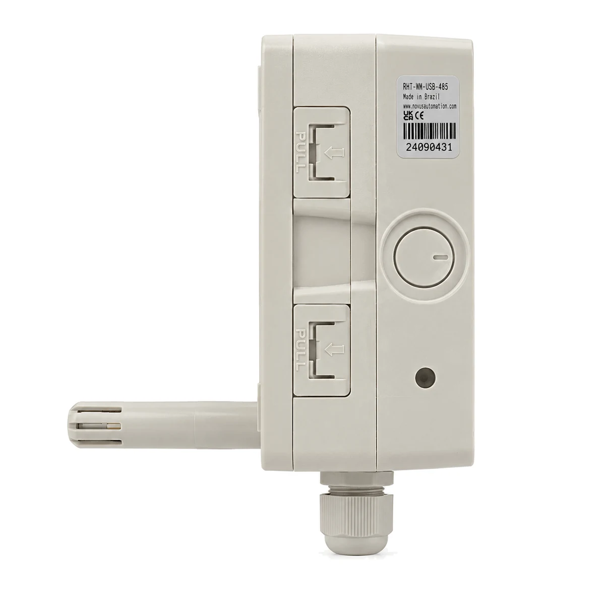 Transmissor de umidade e temperatura RHT Climate NOVUS, versão WM, vista lateral com etiqueta (SKU 8804000001)