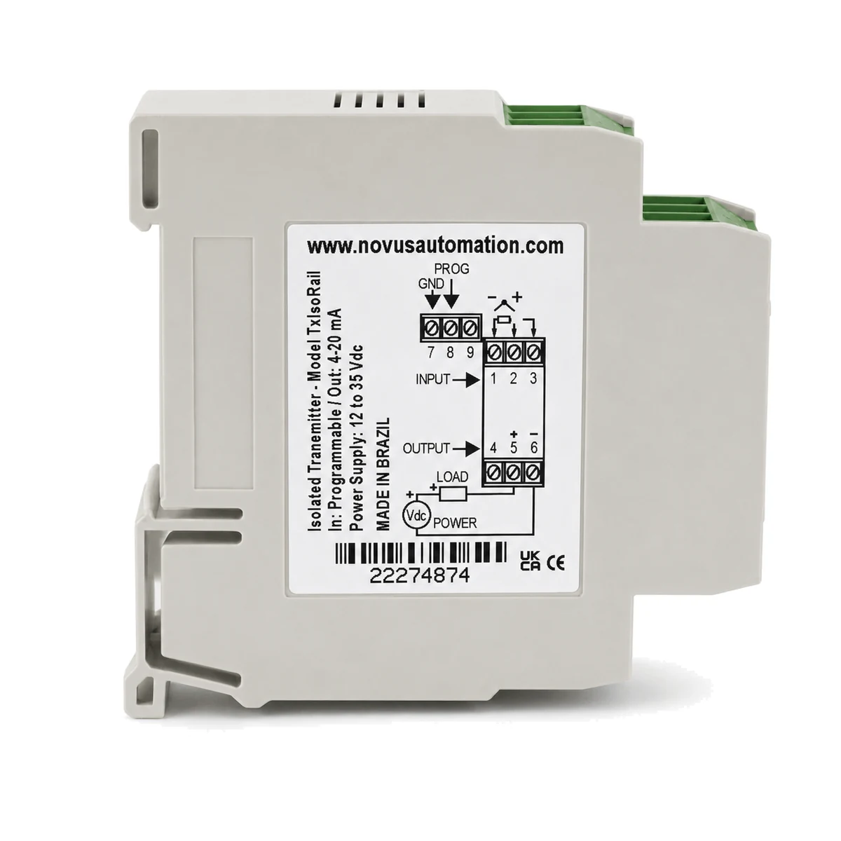 Transmissor de temperatura isolado TxIsoRail NOVUS, versão 4–20 mA, vista lateral com etiqueta (SKU 8806030306)