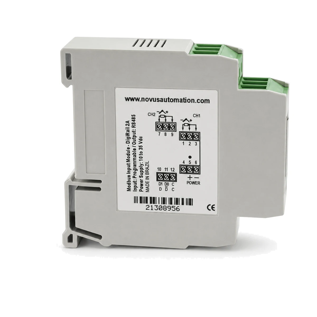 Módulos de E/S DigiRail NOVUS, versão DigiRail 2A, vista traseira com etiqueta (SKU 8811100001)