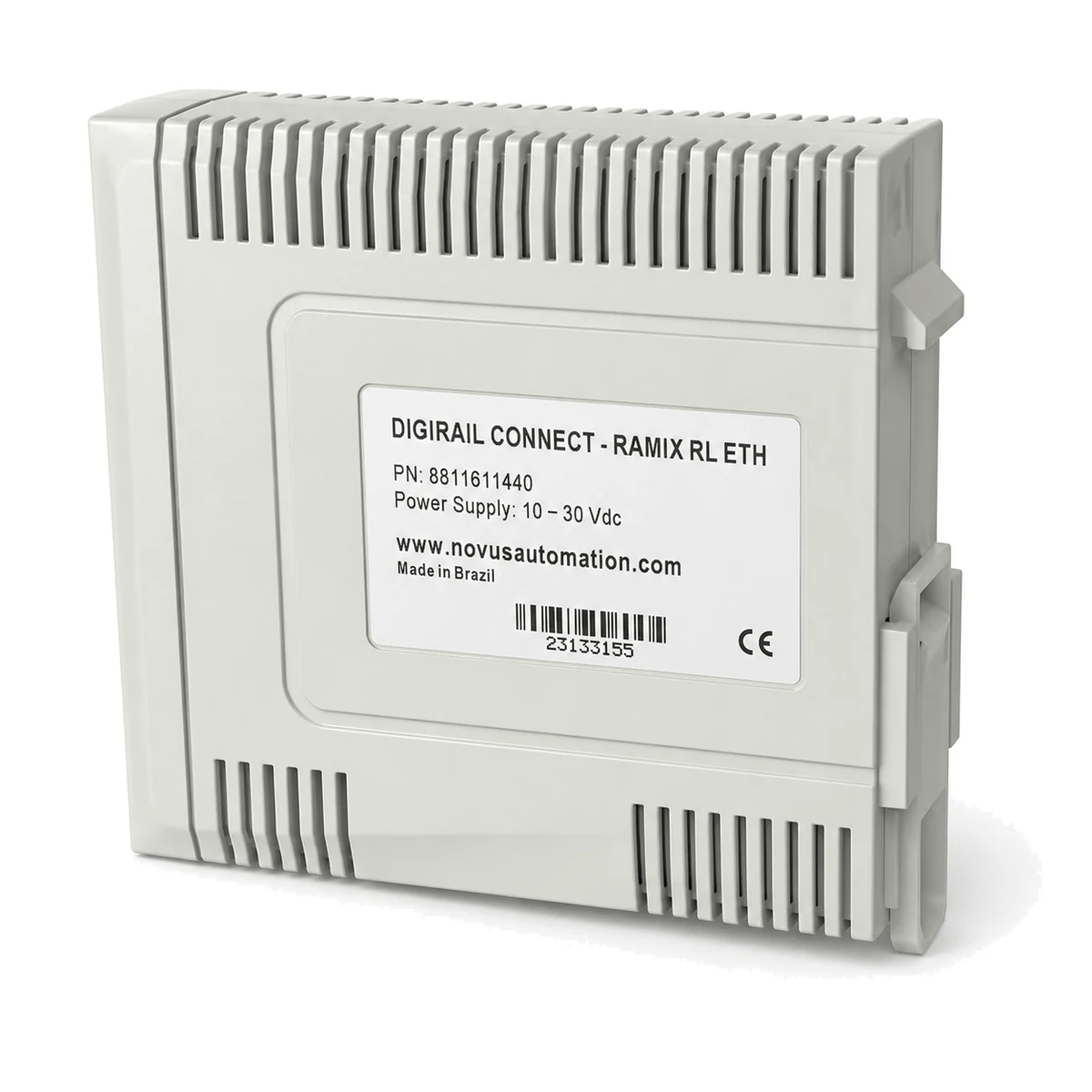 Módulos de E/S DigiRail Connect NOVUS, versão RAMIX 2EA / 2SA / 4ED / 2RL, vista traseira com etiqueta (SKU 8811611440)