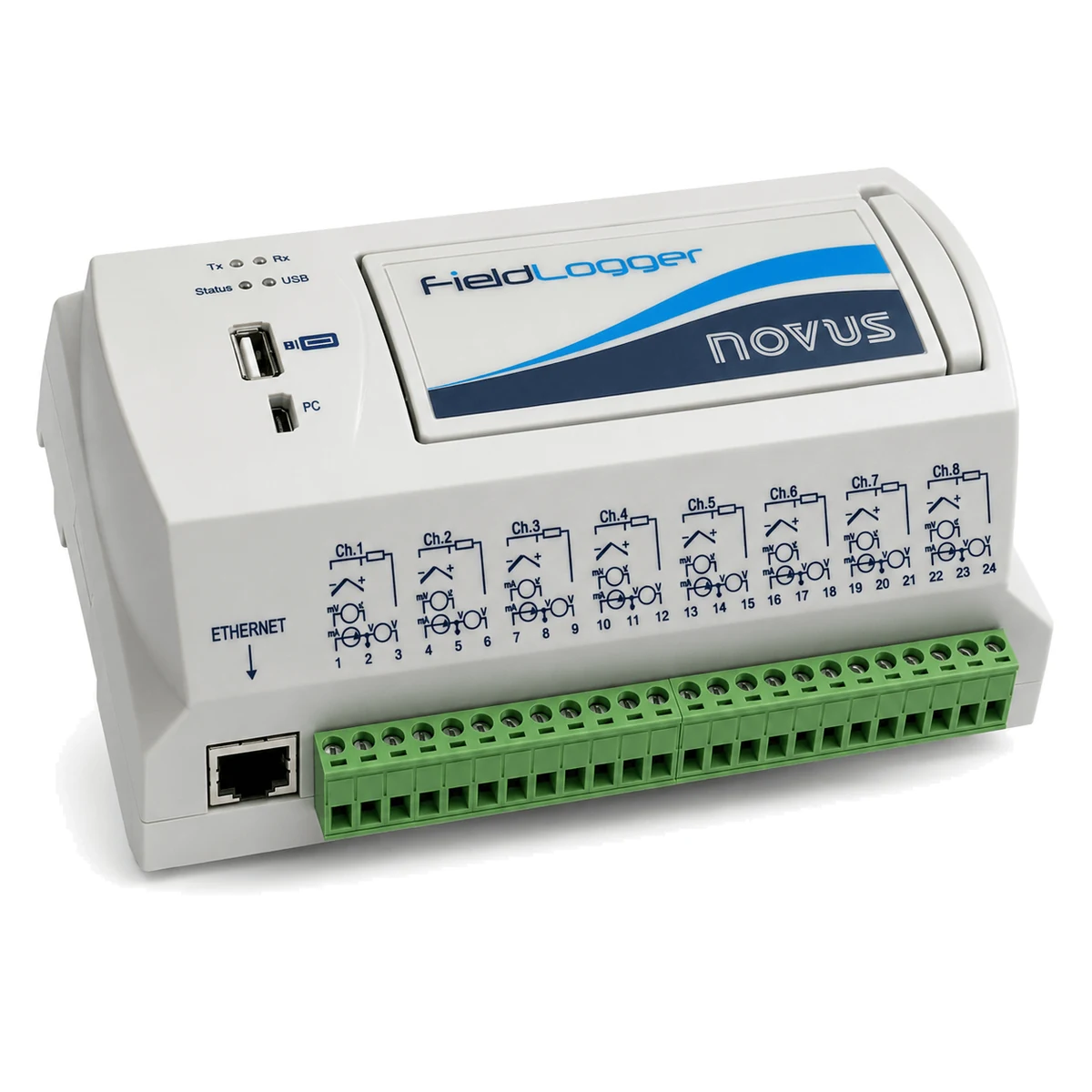 Data logger FieldLogger NOVUS, versão USB + Ethernet + 2 × RS485, Sem IHM, vista perspectiva (SKU 8812120000)