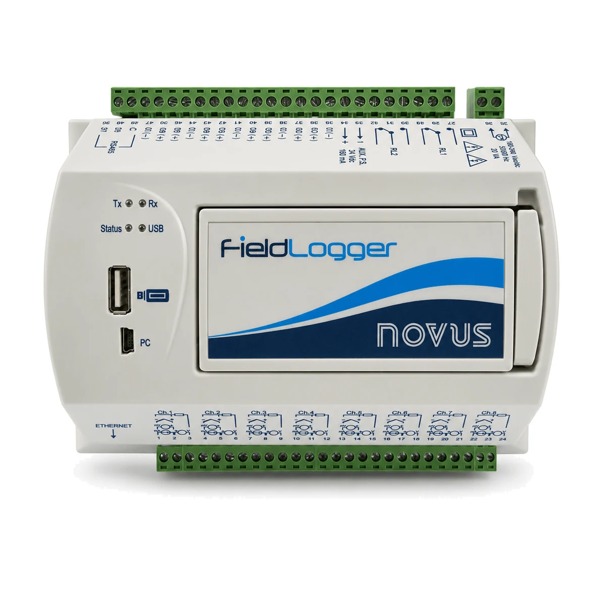 Data logger FieldLogger NOVUS, versão USB + RS485, vista frontal (SKU 8812130000)