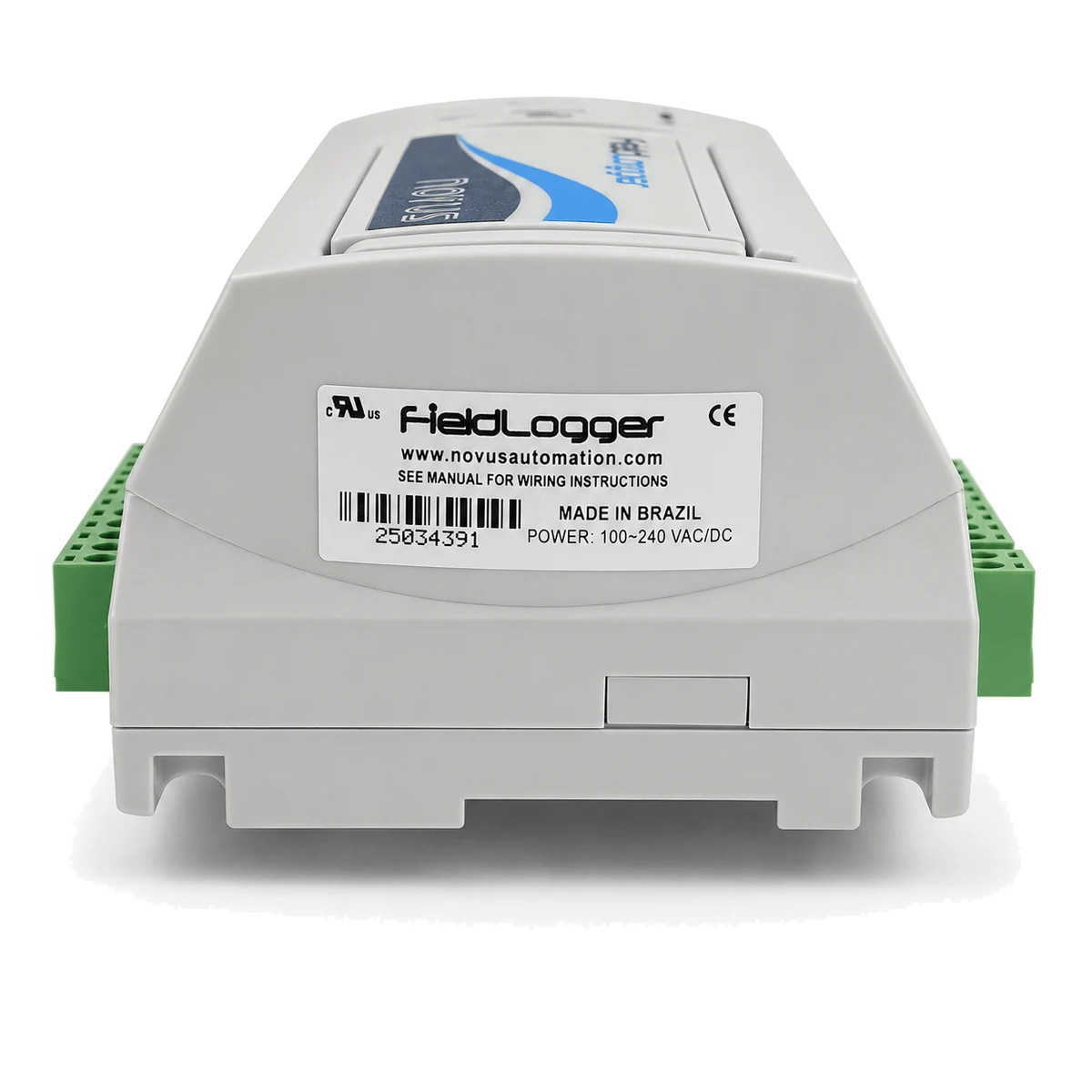Data logger FieldLogger NOVUS, versão USB + RS485, vista traseira com etiqueta (SKU 8812130000)