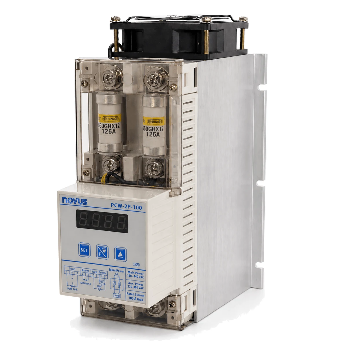 Controlador de potência PCW e PCWE, 60 a 200 A NOVUS, versão 100 A, 2 fases, vista perspectiva (SKU 8823122100)