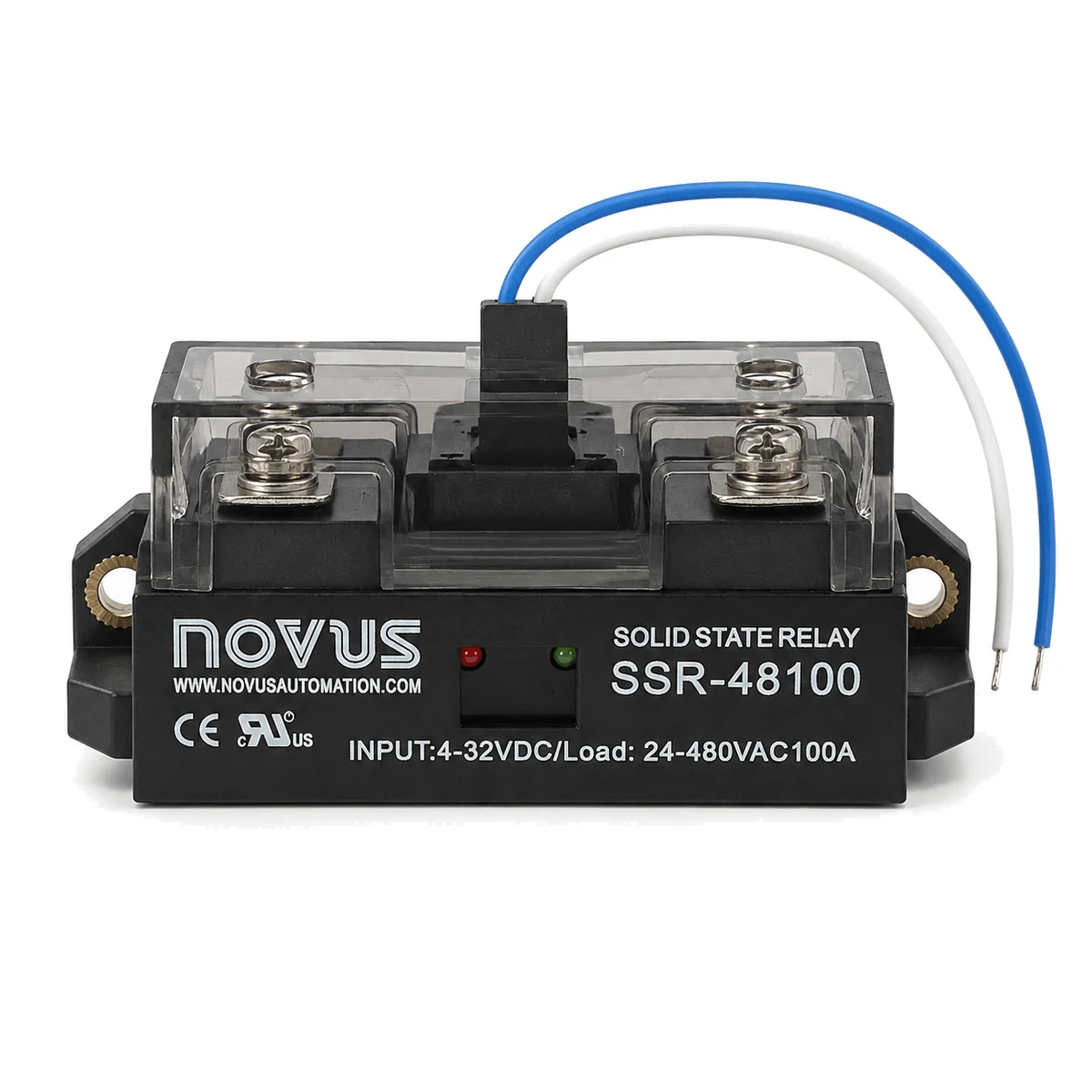 Relé de estado sólido SSR, 100 a 300 A NOVUS, versão 100 A, vista frontal com LEDs (SKU 8824011105)